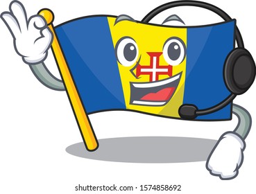 Flag madeira cute cartoon character design with headphone