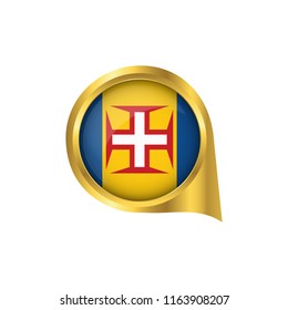 Flag of Madeira, location map pin, pointer flag Madeira, button gold, Icon country . Vector Illustration EPS10.