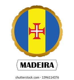 Flag of Madeira with name icon, Golden sticker with flag of the Madeira.vector
