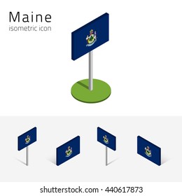 Flag of Maine (State of Maine, USA), vector set of isometric flat icons, 3D style, different views. Editable design element for banner, website, presentation, infographic, poster, map, collage. Eps 10