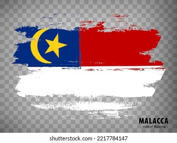 Bandera de Malacca de pinceladas. Estado de bandera Malaca de Malasia con título sobre fondo transparente para el diseño de tu sitio web, aplicación, UI. Ilustración vectorial. EPS10.