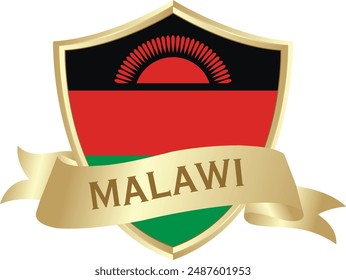 Flag of malawi as around the metal gold shield with malawi flag