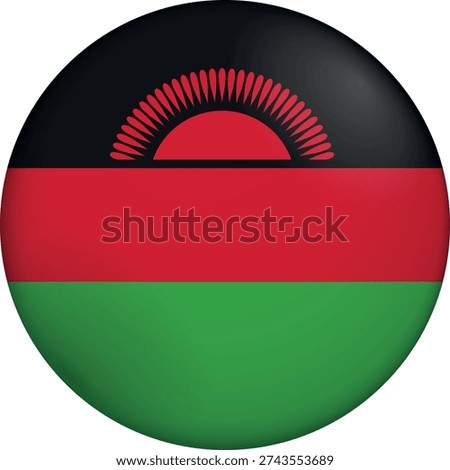 Flag of Malawi. Glossy circular flag. Button appearance. 3D Icon Design with depth. Professional, tactile look. Perfect for representing national identity in digital interfaces and perfect for websites
