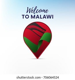 Flag of Malawi in shape of map pointer or marker. Welcome to Malawi. Vector illustration.