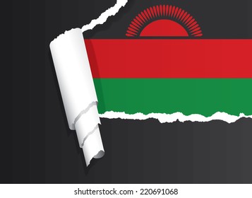 Flag of Malawi under ripped paper vector illustration.