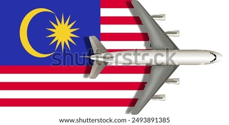Flag of Malaysia with an airplane flying over it close up. Vector image.