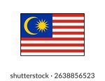 The flag of Malaysia features alternating red and white stripes, with a blue canton displaying a yellow crescent and a 14-point star, symbolizing unity and sovereignty.
