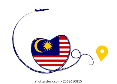 Flag of Malaysia. Heart, love romantic travel. Symbol of airplane, air plane, aircraft, aeroplane, flying, fly jet airline. Line path. Vector location pointer route. Travel  design, logo, app, UI. EPS