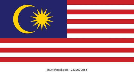 Flag of Malaysia. Flag icon. Standard color. Standard size. A rectangular flag. Computer illustration. Digital illustration. Vector illustration.