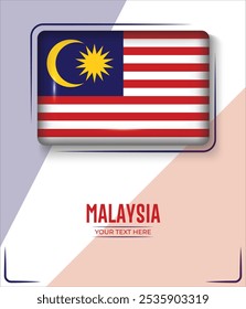 Bandera de Malasia aislada sobre fondo blanco con texto. Anuncio, Póster, Vector, Plantilla, Maqueta, Fondo, Redes Sociales, Publicación, 3D.