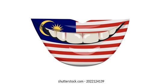 The flag of Malaysia on the lips. A woman's smile with white teeth. Vector illustration.