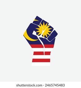 Flag of Malaysia in the shape of raised hand sign isolated on background. Fist symbol modern, simple, vector, icon for website design, mobile app, ui. Vector Illustration