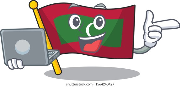 Flag maldives cartoon with in with bring laptop character