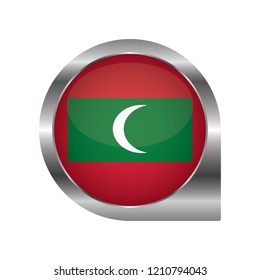 Flag of Maldives, location map pin, pointer flag, button with the reflection of light and shadow, silver frame, Icon country. Realistic vector illustration on white background.