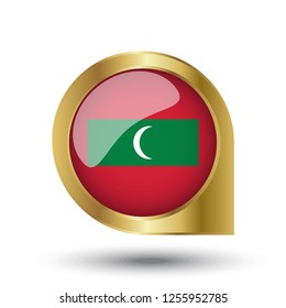 Flag of Maldives, location map pin, pointer flag, button with the reflection of light and shadow, gold frame, Icon country. Realistic vector illustration on white background.