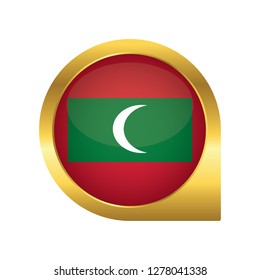 Flag of Maldives, location map pin, pointer flag, button with the reflection of light and shadow, gold frame, Icon country. Realistic vector illustration on white background.