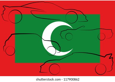The flag of Maldives with the outlines of many cars of different types