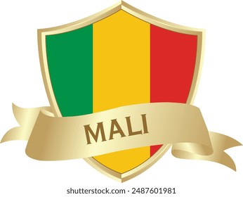 Flag of mali as around the metal gold shield with mali flag