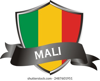 Flag of mali as around the metal silver shield with mali flag