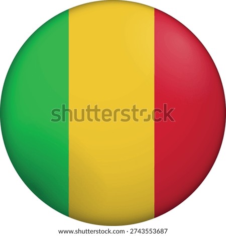 Flag of Mali. Glossy circular flag. Button appearance. 3D Icon Design with depth. Professional, tactile look. Perfect for representing national identity in digital interfaces and perfect for websites