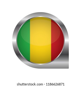 Flag of Mali, location map pin, pointer flag, button with the reflection of light and shadow, silver frame, Icon country. Realistic vector illustration on white background.