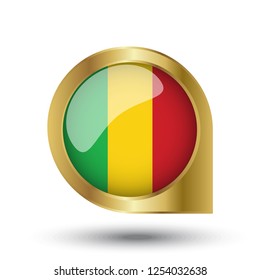 Flag of Mali, location map pin, pointer flag, button with the reflection of light and shadow, gold frame, Icon country. Realistic vector illustration on white background.