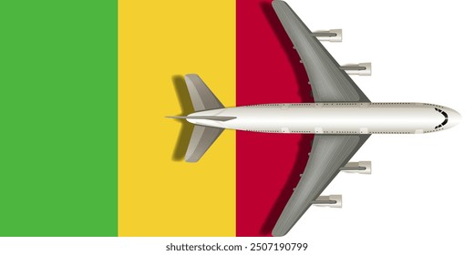 Flag of Mali with a plane flying over it close up. Vector image.