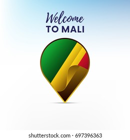 Flag of Mali in shape of map pointer or marker. Welcome to Mali. Vector illustration.