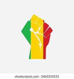 Flag of Mali in the shape of raised hand sign isolated on background. Fist symbol modern, simple, vector, icon for website design, mobile app, ui. Vector Illustration
