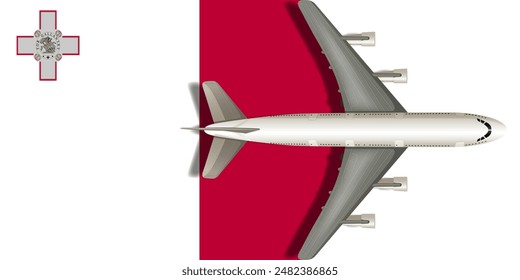 Flag of Malta with an airplane flying over it close up. Vector image.