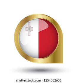 Flag of Malta, location map pin, pointer flag, button with the reflection of light and shadow, gold frame, Icon country. Realistic vector illustration on white background.