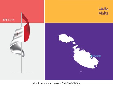 Bandera de Malta sobre fondo blanco. Mapa de Malta con posición de capital - La Valeta. El guión en árabe significa Malta