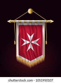 Flag of Malta. Version with Maltese Cross. Festive Vertical Banner. Wall Hangings with Gold Tassel Fringing