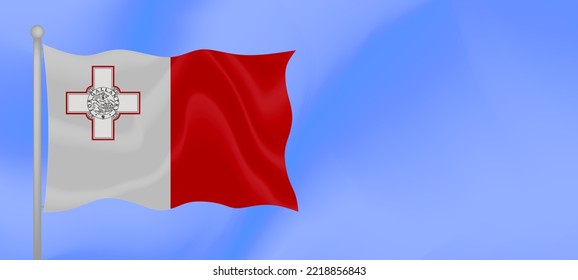 Die Flagge Maltas winkt gegen den blauen Himmel. Horizontales Banner-Design mit maltesischer Flagge mit Kopienraum. Vektorgrafik