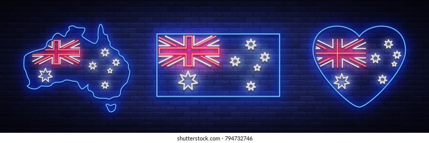 Flag and map of Australia is a collection of neon signs. Vector Illustrations, Neon Banner, Luminous Billboard, Bright Night Advertising. Element, neon symbol for the day of Australia on January 26th