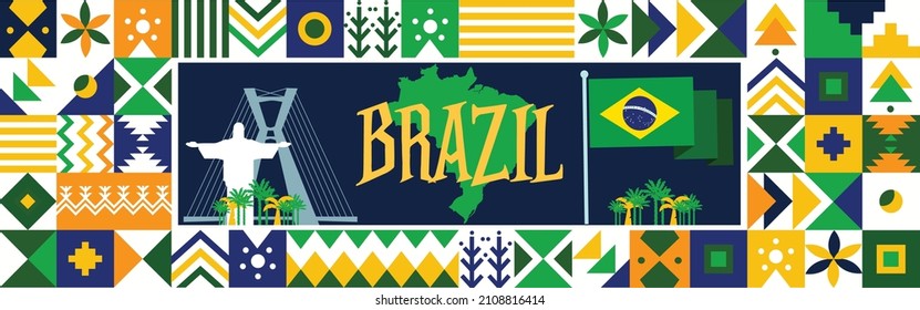 Flag and map of Brazil with traditional festival theme. National day or Independence day design for Brazilian celebration. Modern retro design with abstract icons. Vector illustration.