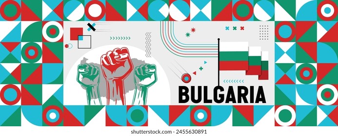 Flag and map of Bulgaria with raised fists. National day or Independence day design for Counrty celebration. Modern retro design with abstract icons. Vector illustration.