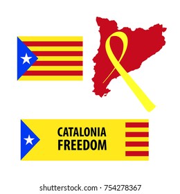 Flag and map of Catalonia, autonomous community of Spain.Yellow stripe an unofficial sign. Concept badge of independence. Vector sketch illustration.