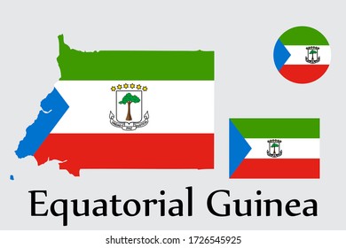 Flag, map and circle shape symbol of Equatorial Guinea country isolated on background. EPS.file.