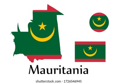 Flag, map and circle shape symbol of Mauritania country isolated on background. EPS.file.