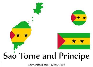 Flag, map and circle shape symbol of Sao Tome and Principe country isolated on background. EPS.file.