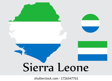 Flag, map and circle shape symbol of Sierra Leone country isolated on background. EPS.file.