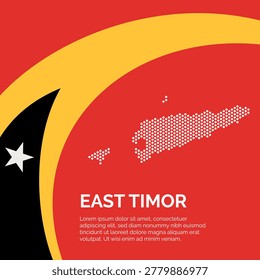 Flag and Map of East Timor. Dotted map of the country and a rainbow-shaped flag design. The design artistically incorporates elements of the national flag, featuring a vibrant curved section with space for text.