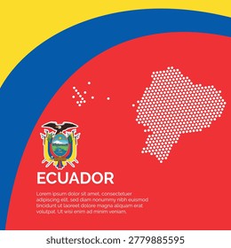 Flag and Map of Ecuador. Dotted map of the country and a rainbow-shaped flag design. The design artistically incorporates elements of the national flag, featuring a vibrant curved section with space for text.