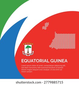 Flag and Map of Equatorial Guinea. Dotted map of the country and a rainbow-shaped flag design. The design artistically incorporates elements of the national flag, featuring a vibrant curved section with space for text.