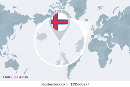 Flag and map of Faroe Islands, America Centered World Map. Vector illustration