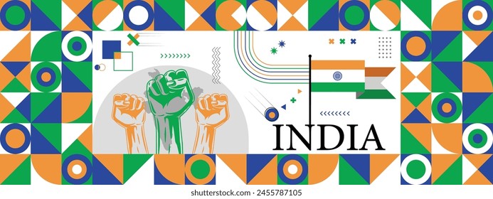 Bandera y mapa de India con los puños en alto. Diseño del Día Nacional o Día de la Independencia para la celebración del país. Diseño retro moderno con iconos abstractos. Ilustración vectorial.