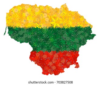 Flag and map of Lithuania with flowers. Conceptual vector illustration
