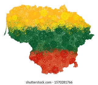 Flag and map of Lithuania with snowflakes. Conceptual vector image