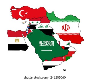 Flag map of the middle east. The middle east with each country colored in with its map.